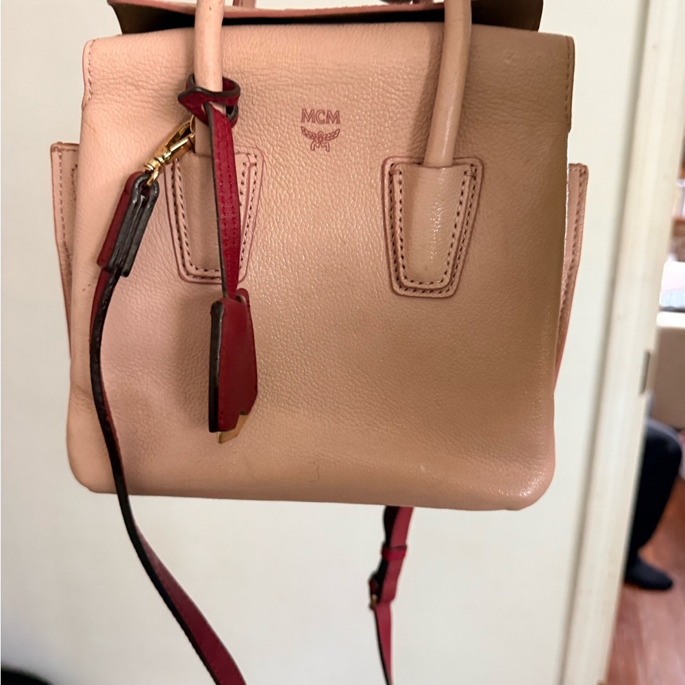 MCM Blush Pink Leather Mini Satchel with Red Strap